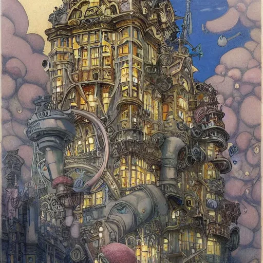 Prompt: a steampunk metropolis, fluffy, rainbow - laque, house, mansion, street, steam pipe, steam cloud, intricate, elegant, detailed, art nouveau, concept art, smooth, painting by sho murase, alfred kubin, alfonse mucha, trending on artsstation