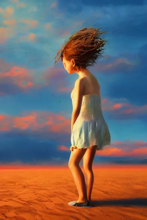 Image similar to closeup huge dahlia flower head, girl standing on beach, surreal photography, blue sky, sunrise, dramatic light, impressionist painting, digital painting, artstation, simon stalenhag