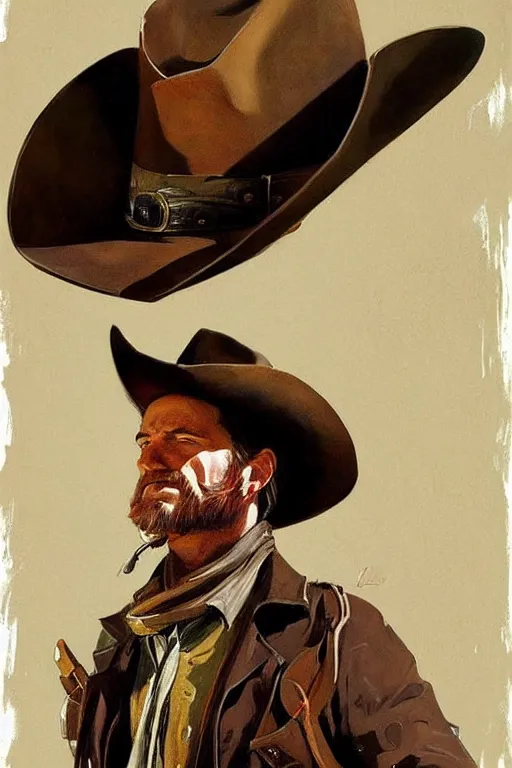 Image similar to cowboy arthur morgan, old west painting by jc leyendecker!! phil hale!, angular, brush strokes, painterly, vintage, crisp