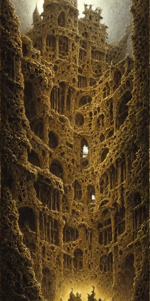 Image similar to three medieval explorers wandering an enormous castle filled with skulls, ruined medieval architecture, volumetric lighting, by zdzislaw beksinski, by gustave dore, by peter mohrbacher, lovecraftian, amazing details, vivid colors, detailed, epic, waterfall, rule of thirds