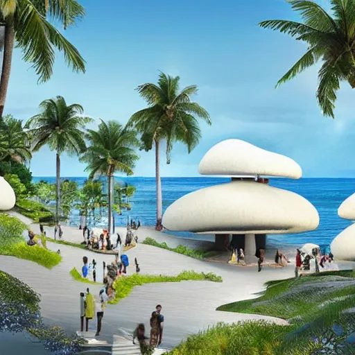 Image similar to architectural renderings, a seaside visitor center consisting of three mushroom - shaped buildings on the blue sea with tall coconut trees ， detailed