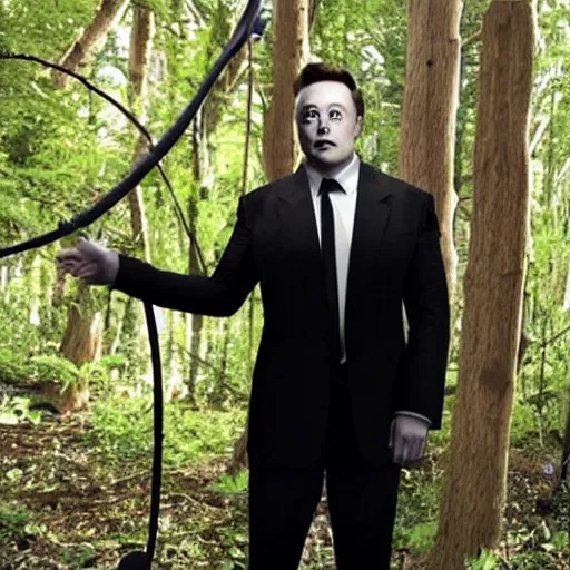 Image similar to elon musk as slenderman in the slenderman game forest