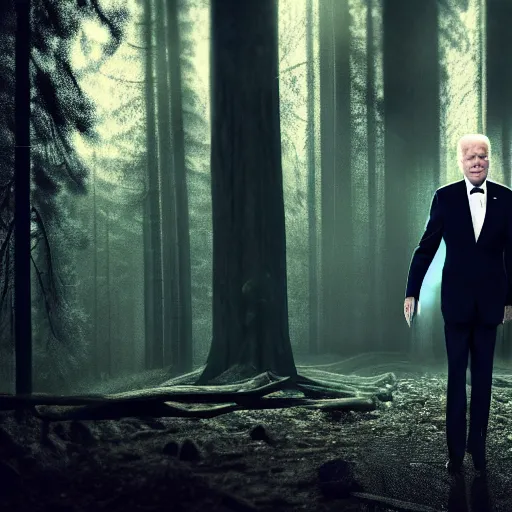 Image similar to joe biden as slenderman in forest, creepy joe biden, tall trees, night, creepy, horror, movie still, dark, haunted, cinematic lighting, ray tracing, octane render, long lens, shallow depth of field, bokeh, anamorphic lens flare, 8 k, hyper detailed, 3 5 mm film grain