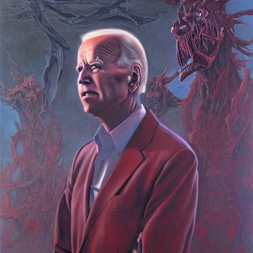 Image similar to epic Joe Biden in pandemonium, demons and souls, portrait, art by Wayne Barlowe, oil on canvas