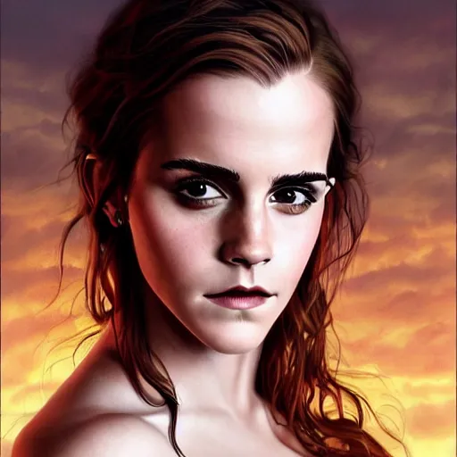 Prompt: portrait of emma watson in the style of gerald brom and mark brooks, cinematic lighting, epic, romantic, 8 k, detailed, coherent, beautiful