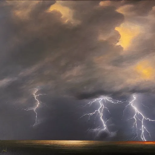 Image similar to thunderstorm with lots of lightning, oil painting