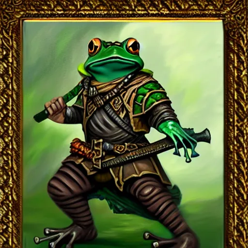 Image similar to oil painting of a frog warrior, in the style of oldschool dungeons & dragons and magic the gathering, promotional character art, highly detailed