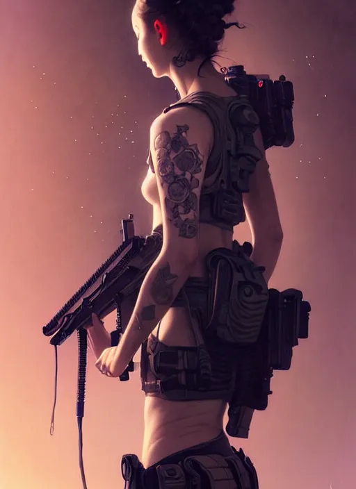 Image similar to girl covered with tattoos wearing tactical gear, intricate lights, bio luminescent, plasma, by ruan jia and artgerm and range murata and wlop and ross tran and william - adolphe bouguereau and beeple. key art. fantasy illustration. award winning, artstation, intricate details, realistic, hyperdetailed, 8 k resolution.