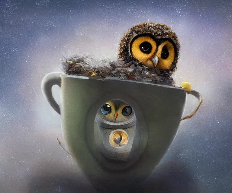 Image similar to long shot of a very cute owl chick nesting in a very futuristic cup, esao andrews, humorous illustration, hyperrealistic, big depth of field, warm colors, night scenery, low light, 3 d octane render, 4 k, conceptart, hyperdetailed, hyperrealistic, trending on artstation