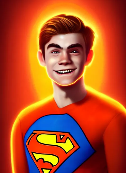 Image similar to friendly teenage archie andrews wearing an orange superhero costume with heart logo, freckles, superhero costume, heart emblem on chest, cape, intricate, elegant, glowing lights, highly detailed, digital painting, artstation, sharp focus, illustration, art by wlop, mars ravelo and greg rutkowski