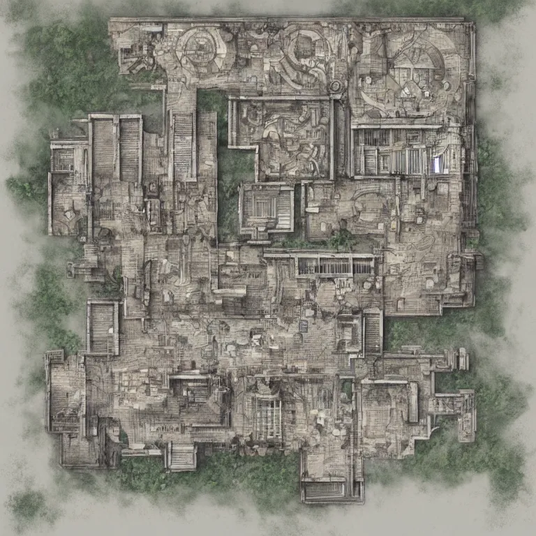Image similar to floor plan map of a temple in the clouds, by greg rutkowski and james gurney, trending on artstation