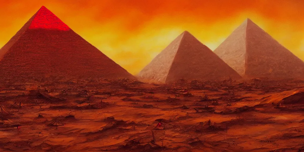 Image similar to an oil painting of a pyramid in in a post apocalyptic desert and a dark red sun, fantasy,hyper realistic, atmospheric lighting, cinematic, 8k,