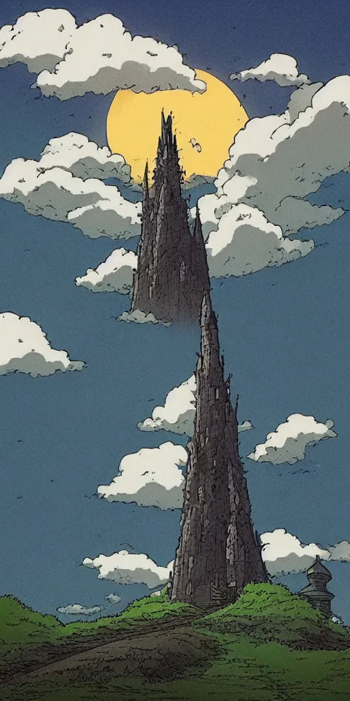 Image similar to a dark tower on a hill drawn by studio ghibli