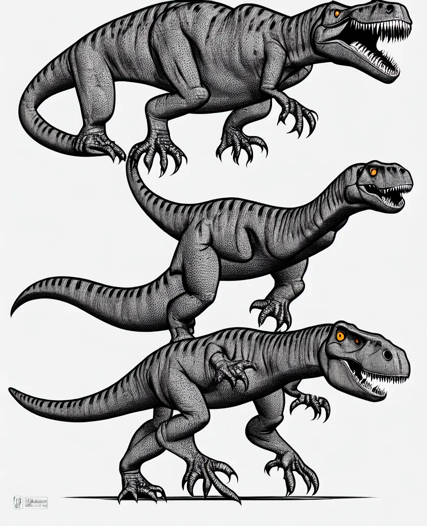 Prompt: trex dinosaur, symmetrical, accurate, simple clean lines, black and white, no shading, coloring book, graphic art, line art, vector art, by martina matteucci, pavel shvedov, peter lundqvist, diane ramic, artstation