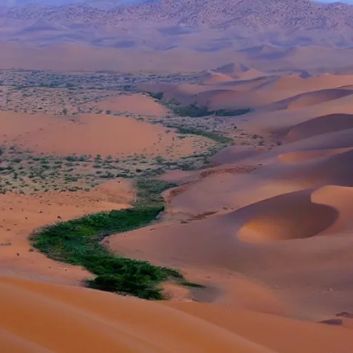 Prompt: arabian desert becomes tropical, rivers, animals, beautiful landscape