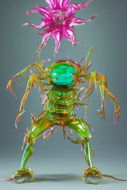 Image similar to a fat jelly super detailed anime character with fluo color detail, and muted arm colors, that looks like a insect, on top of a painting of plastic synthetic ionized metal flower sculptures