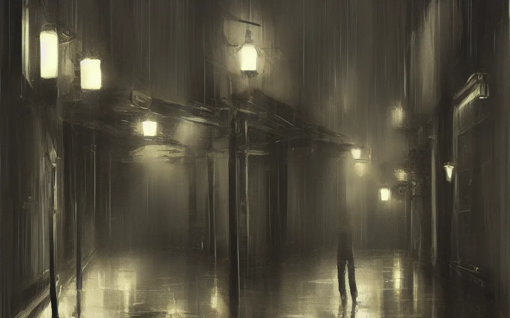 Image similar to concept art, dark wet london alley at night, by ashley wood, by roger deakins, in the style of syd mead and liam wong