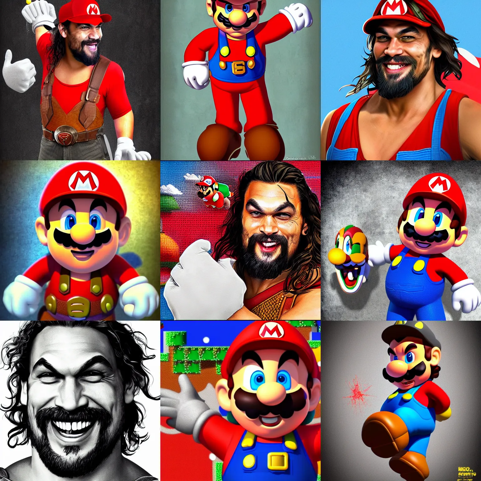 Prompt: Jason Momoa as Super Mario with a huge grin, highly detailed digital art
