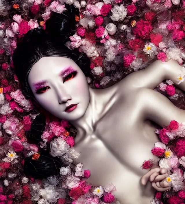 Image similar to baroque portrait of a geisha android berserker designed by vitaly bulgarov who is lying down in a river made of thousand of flowers, photorealistic, octane render, 8 k, depth of field