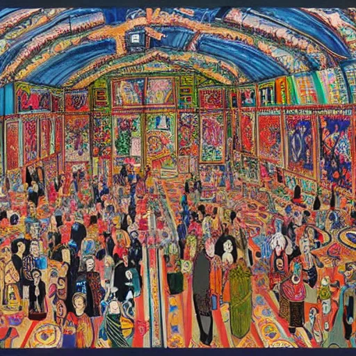 Image similar to A beautiful mixed media art of a large room with many people in it. There is a lot of activity going on, with people talking and moving around. The room is ornately decorated and there is a large window at one end. parchinkari inlay by Grayson Perry, by Edvard Munch loose