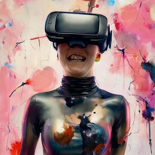 Image similar to grinning woman in a vr headset wearing leather outfit, dynamic energic pose, cyberpunk in the style of adrian ghenie, esao andrews, jenny saville, surrealism, dark art by james jean, takato yamamoto