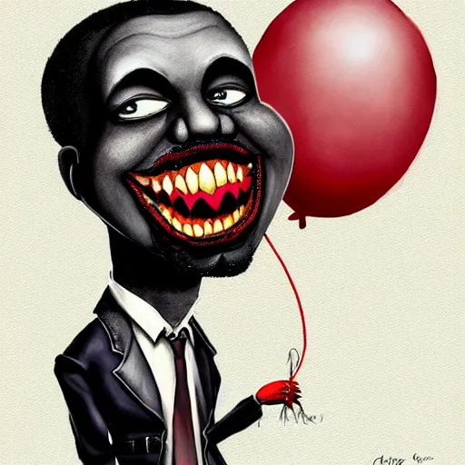 Image similar to grunge painting of kanye with a wide smile and a red balloon by chris leib, loony toons style, pennywise style, corpse bride style, horror theme, detailed, elegant, intricate