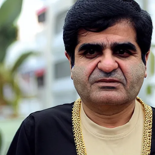 Prompt: jafar panahi, clean shaven, wearing a green tracksuit and gold necklace with large star shaped gold medallion