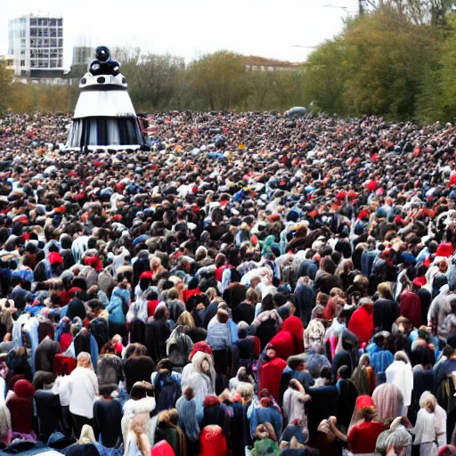 Image similar to huge crowd praying a single big Dalek