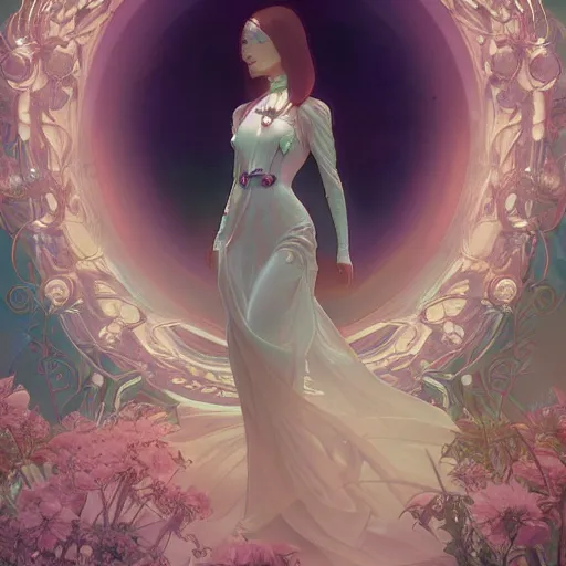 Image similar to female android descending from clouds into enchanted garden, full body portait, ornated jewels, fabricated gown, art by artgerm and alphonse mucha, and ilya kuvshinov and ross tran, art nouveau, octane render, 8 k, cinematic lighting, ultra hi definition