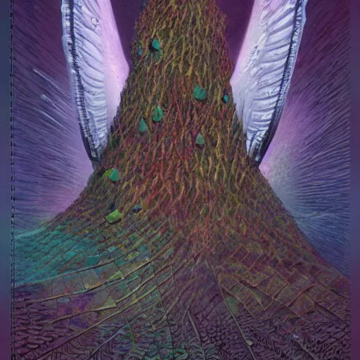 Image similar to blooming angelic hard mountain range cone pigeon trunk caviar crystalline, by vincent di fate and brian froud and jean giraud, quantum wavetracing, # micro, flat shading