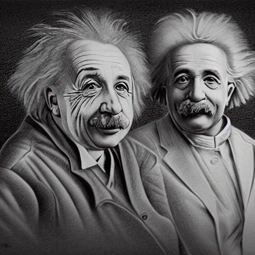 Image similar to Einstein and Newton speaks each other on a topic, pencil drawing, ultra detailed, octane render