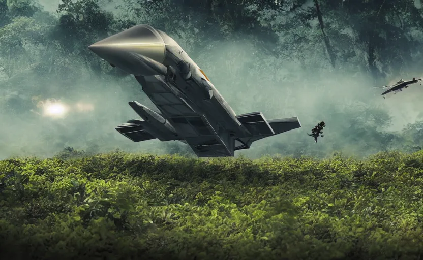 Prompt: photo of sci - fi fighter landing on jungle complex, ultra detailed, movie frame, cinematical composition, 4 k, breaking bad
