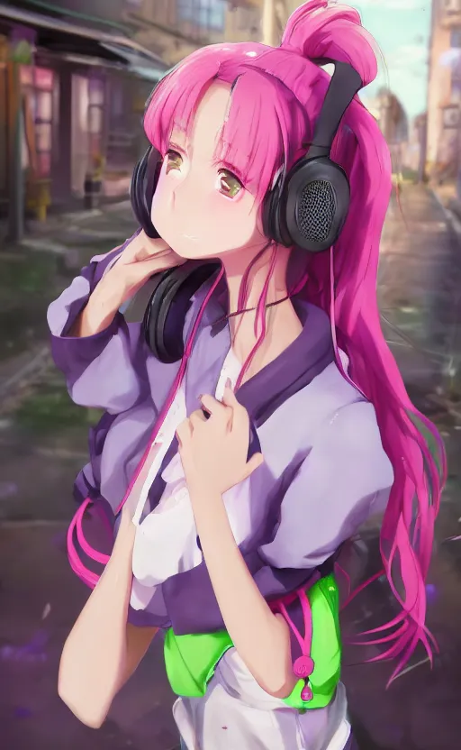 Image similar to anime girl with pink ponytail, wearing purple headphones, wearing a green sweater, with a smile on her face and her eyes closed, walking down a street, dynamic lighting, photorealistic fantasy concept art, trending on art station, very detailed, anime concept art, stunning visuals, creative, cinematic, ultra detailed