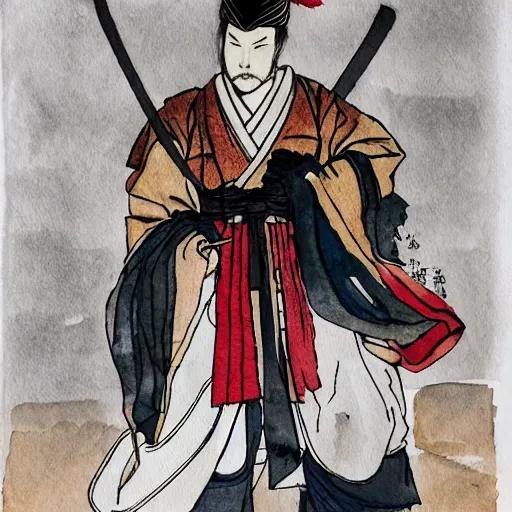 Prompt: Japanese samurai standing dramatically, ink and colors on silk, trending on Pixiv, zoomed out, Monochrome, watercolor