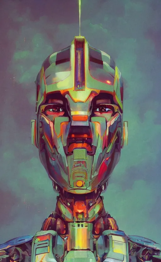 Image similar to upper half portrait of colourful army mecha robot, art by hsiao - ron cheng & zdzisaw beksinski, highly detailed, digital painting, concept art, illustration, smooth sharp focus, intricate, symmetry, artstation,