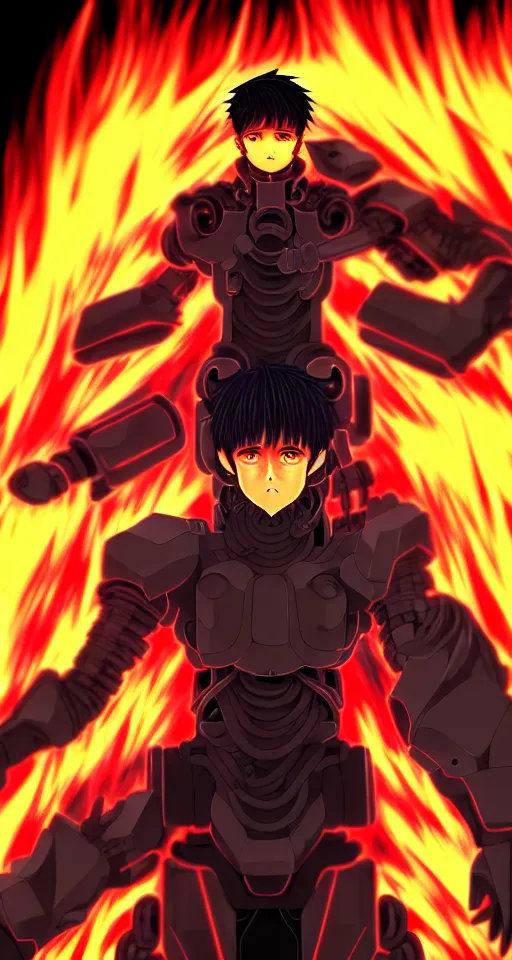 Image similar to a detailed manga full body portrait illustration of a dark haired cyborg anime man surrounded by fire, detailed artwork, realism, 4 k resolution, detailed, high quality, sharp focus, hq artwork, insane detail, volumetric lighting, character concept art, fine details, clear subject, central subject