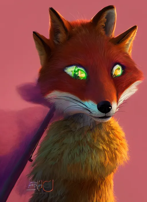 Image similar to an anthropomorphic beautiful female fox wizard portrait holding a staff wearing colourful robe, fine art, award winning, intricate, elegant, sharp focus, octane render, hyperrealistic, cinematic lighting, highly detailed, digital painting, 8 k concept art, art by jamie hewlett and z. w. gu, masterpiece, trending on artstation, 8 k