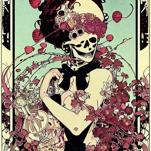Image similar to anime manga skull portrait girl female skeleton holding balloon clouds in background illustration detailed patterns art Geof Darrow and Phil hale and Ashley wood and Ilya repin alphonse mucha pop art nouveau
