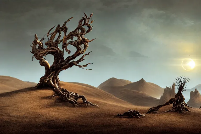 Prompt: cinematic fantasy landscape painting, primordial and cosmic, desert valley of bones, an eclipse, over an autumn maple bonsai growing alone that is yggdrasil, on a desolate sand dune in front of a primordial mountainous desert landscape of bones by and jessica rossier and hr giger, cinematic lighting