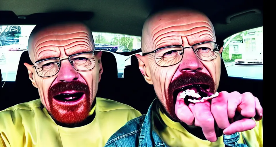 Image similar to walter white mukbang inside car, youtube video screencap, GREASY!!!!! 'dripping grease'!!!! messy, gross!! eating fried chicken, greasy face stuffed with chicken, double chin, real, fat, detailed, 4k