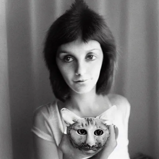 Image similar to First human cat hybrid, circa 1978, photography