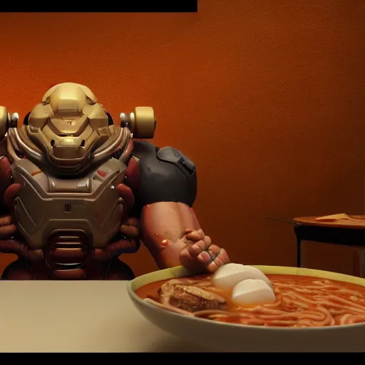 Prompt: doom guy eating a bowl of ramen while firing a shotgun, 3d render, unreal engine 5, hyper detailed