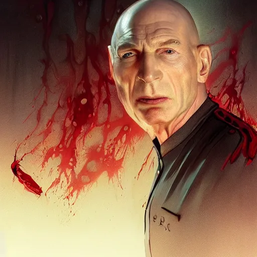 Prompt: Jean Luc Picard violently murdering an alien with his bare hands covered in blood, bludgeoned dead alien on the floor , highly detailed, digital painting, artstation, concept art, smooth, sharp focus, illustration by Artgerm and Greg Rutkowski and Tom Bagshaw