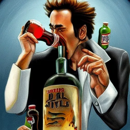 Image similar to Tarantino drinking from bottle Nicolas Cage in liquid form, Surrealism, Surreal drawing, Digital art, from artstation, art by Salvador Dali