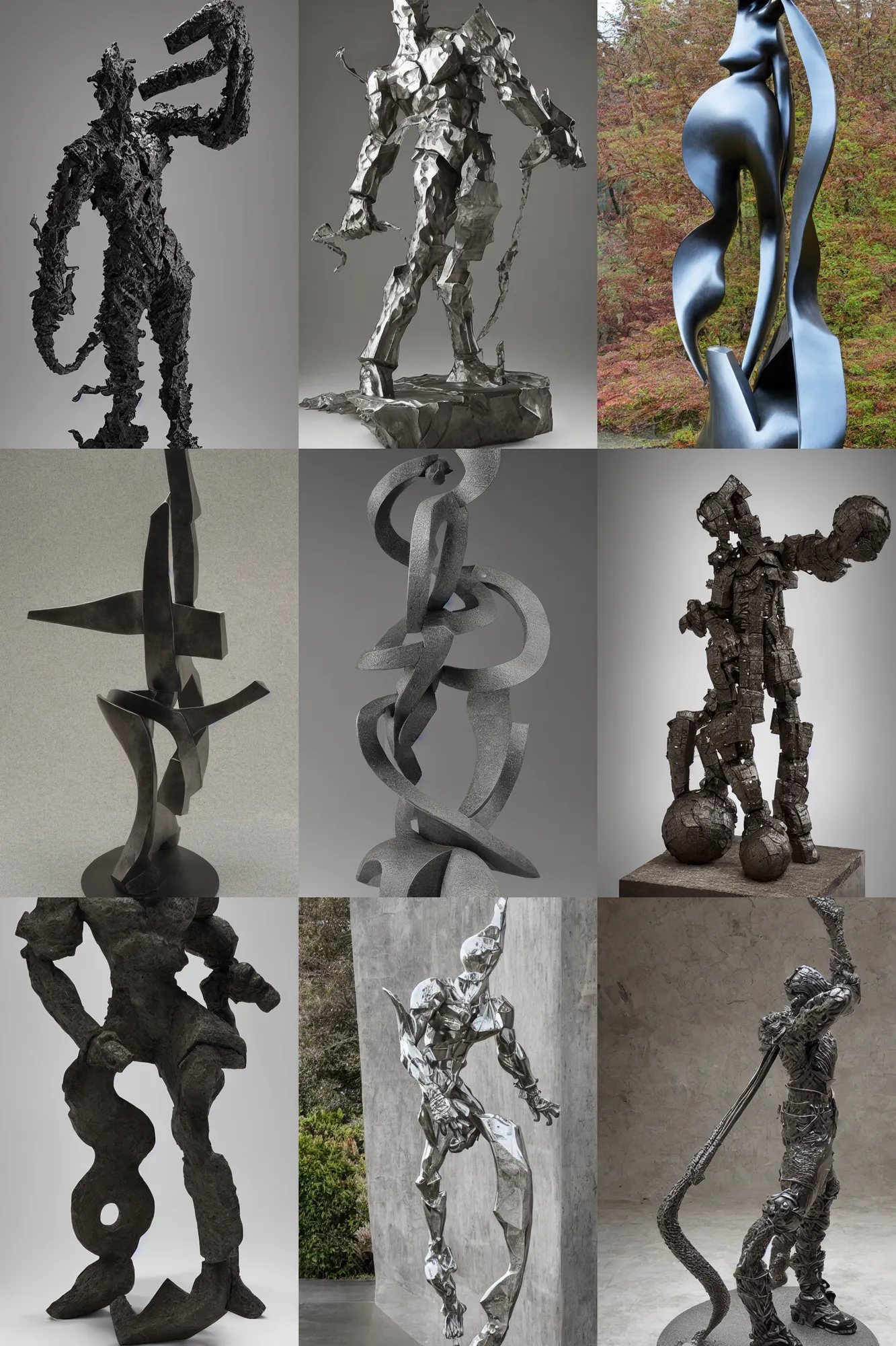 Prompt: Award-winning sculpture by Yoshitaka Amano and Eduardo Chillida. The sculpture is a portrait of a RPG fantasy warrior. Made of steel, hyper-detailed. Studio lightning, perfect composition