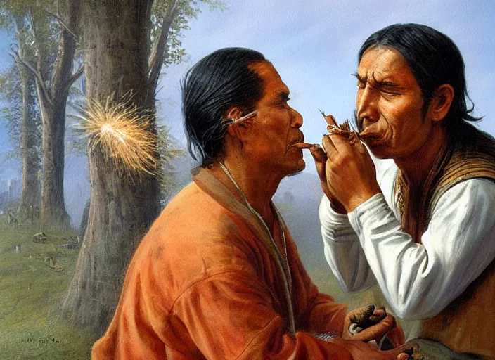 Image similar to a beautiful painting of an indigenous man blowing tobacco snuff into the nose of another man , fantasy art, matte painting, highly detailed