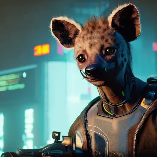 Prompt: cute baby robot hyena, realistic lighting and proportions, cyberpunk 2 0 7 7 screenshot