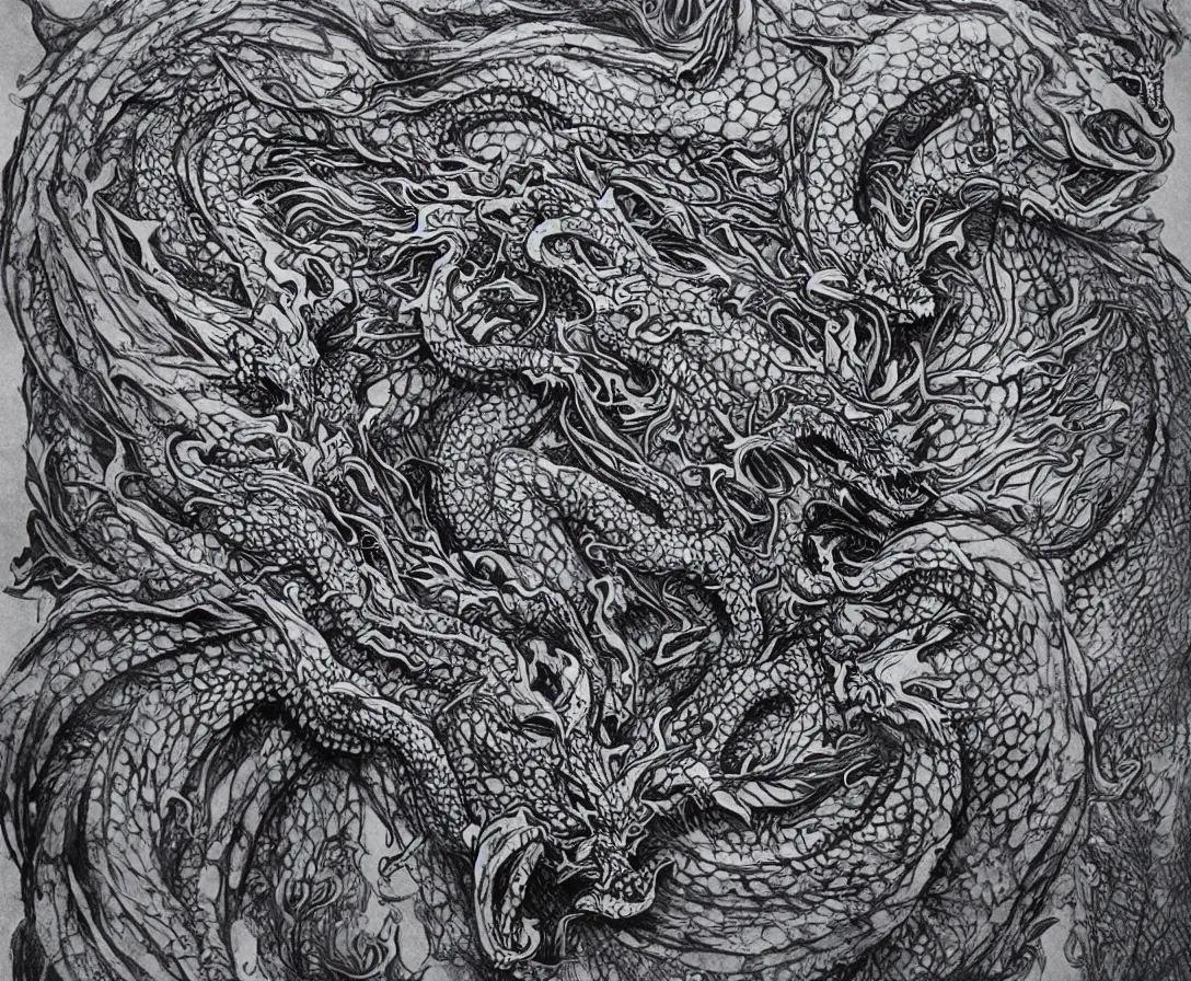 Image similar to an intricately detailed dragon, made from tiny swirls of ink