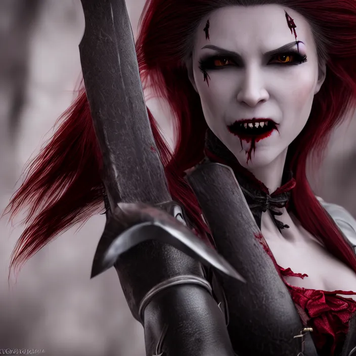 Prompt: photograph of a real-life beautiful! female vampire warrior. Extremely detailed. 8k