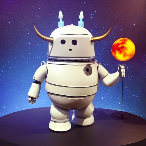 Image similar to a mechanical moomin with big head and horns, space style, metal, 3D art, in style of Baymax, smooth, 8k
